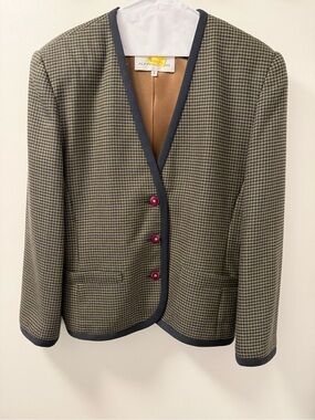 Vintage Olive Green/Navy Trim ALFRED SUNG Pure Virgin Wool Houndstooth Blazer